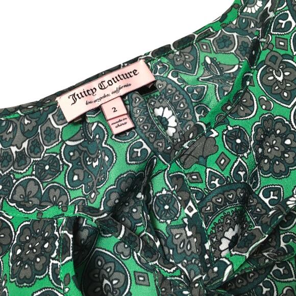 Juicy Couture Blouse Long Sleeve Green Tie Neck Top Kaleidoscope Geometric Print - Picture 2 of 9